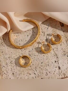 Gold SET Floral Engraved Cuff Bracelet and Ring and Earrings SET